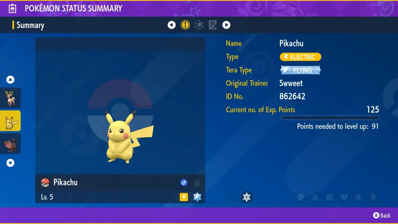 Pikachu nivel 5, tipo Eléctrico/Volador, con 125 puntos de experiencia. Un vistazo a los códigos Pokémon Púrpura.