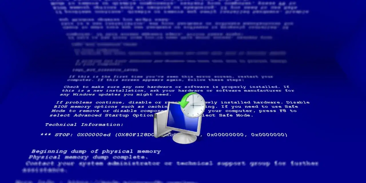 Niebieski ekran błędu Windows 10 z komunikatem o awarii. Zegar symbolizuje potrzebę szybkiego przywracania systemu.
