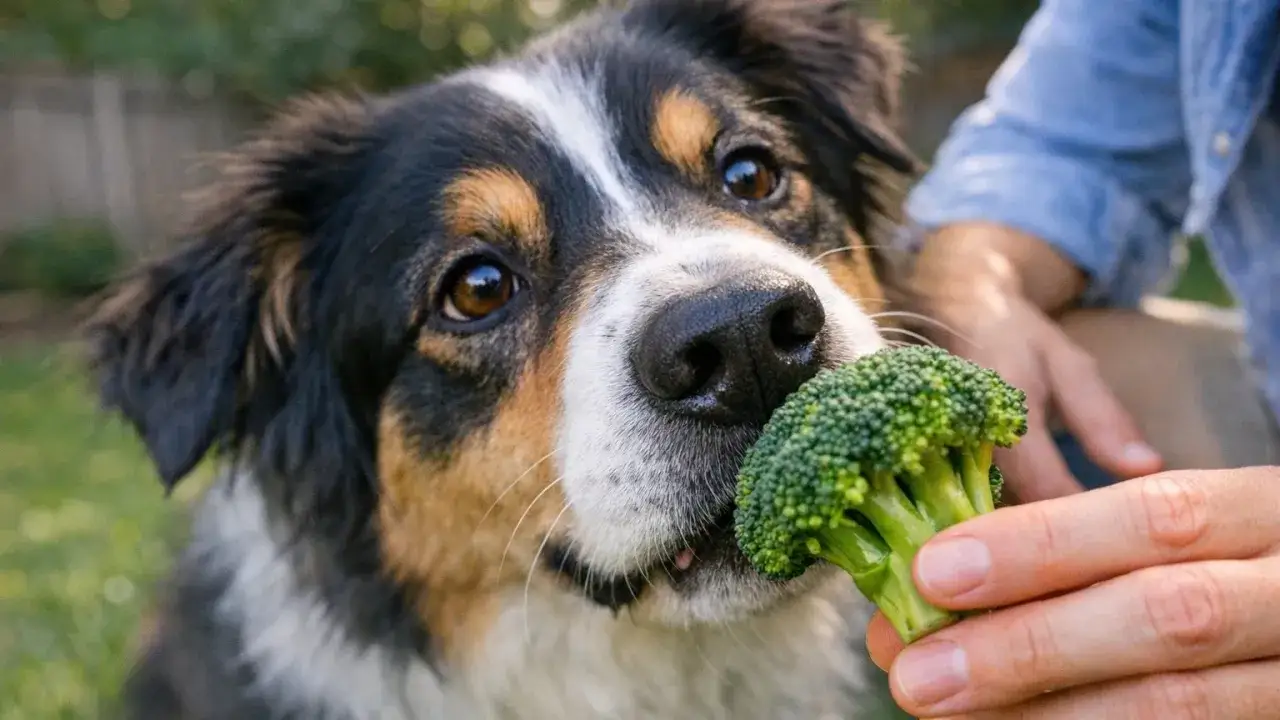 Ein neugieriger Hund schnuppert an einem gr&uuml;nen Brokkoli-R&ouml;schen, das ihm von einer Hand angeboten wird.