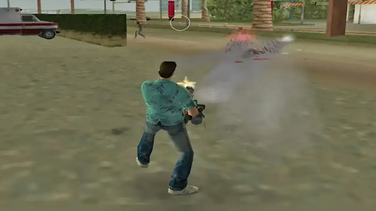 Tommy Vercetti strzela z karabinu maszynowego, wywołując eksplozję. Może to być efekt użycia kodów do GTA Vice City.