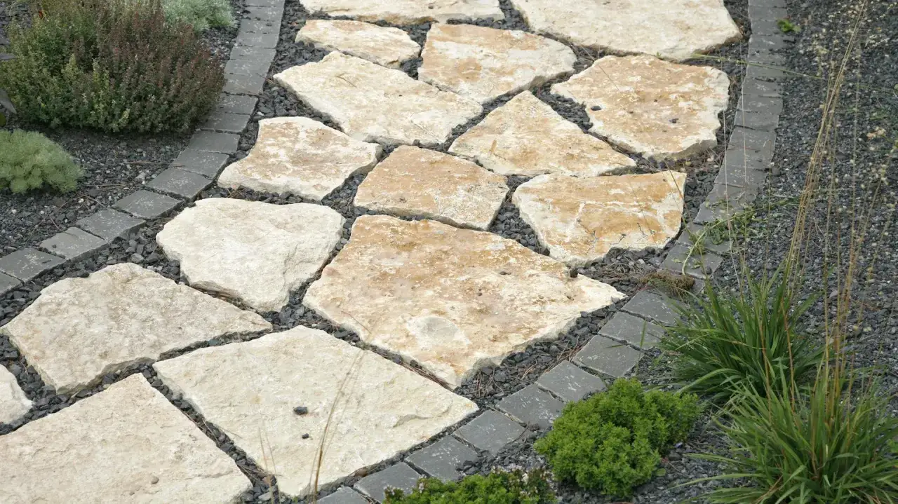 Un sentiero irregolare di pietre naturali crea un passaggio sicuro in un giardino curato, delimitato da ghiaia scura e piccole piante verdi.