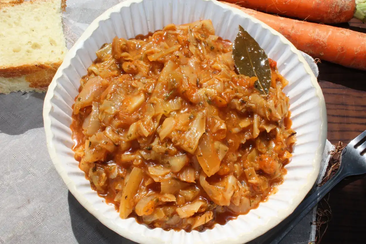 Jak ugotować dobry bigos z młodej kapusty? Aromatyczny bigos w misce, obok kromki chleba i marchewki.