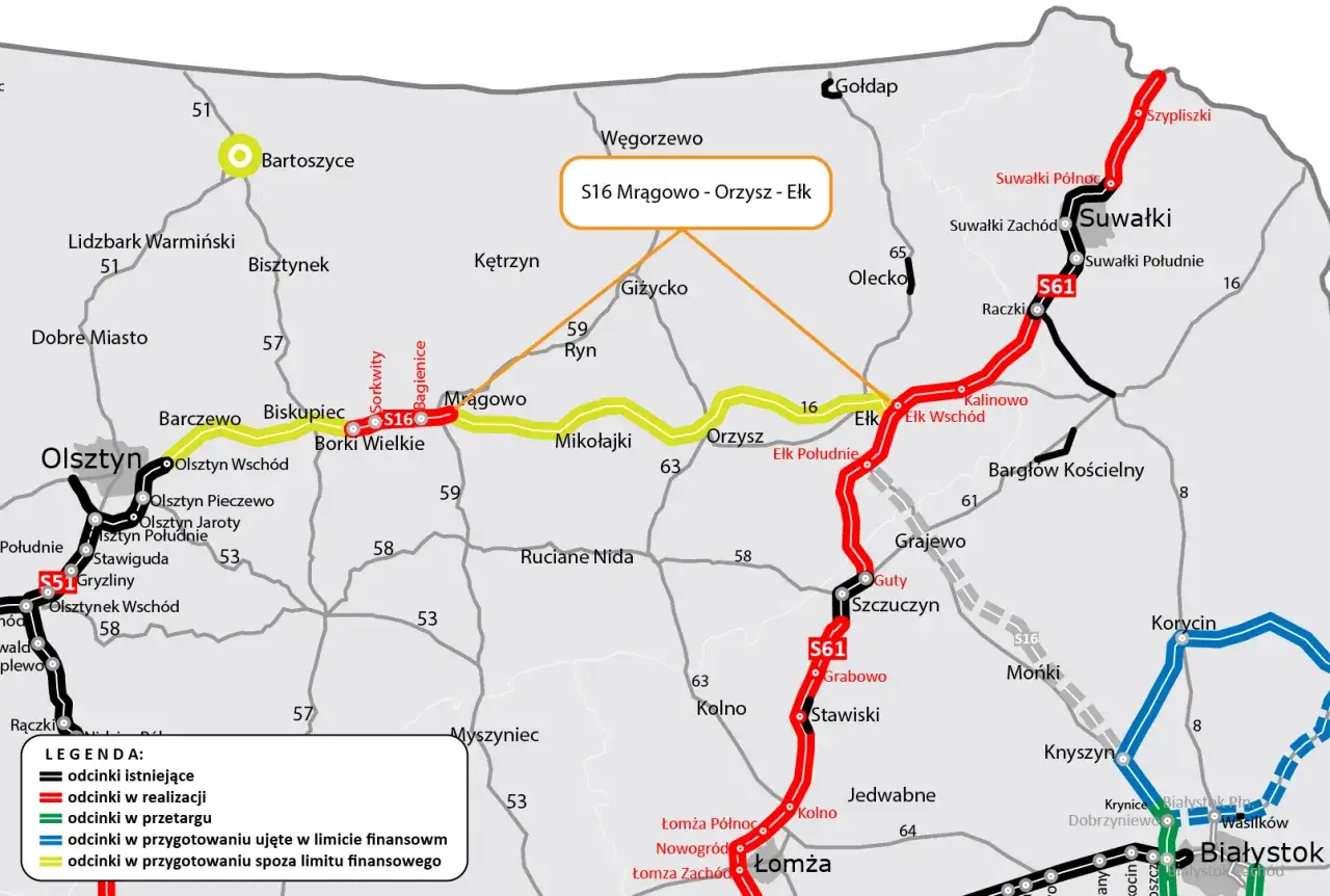 Trasa S16 i S61 łącząca Suwałki z Olsztynem i dalej z Białymstokiem. Drogi w realizacji i przygotowaniu.