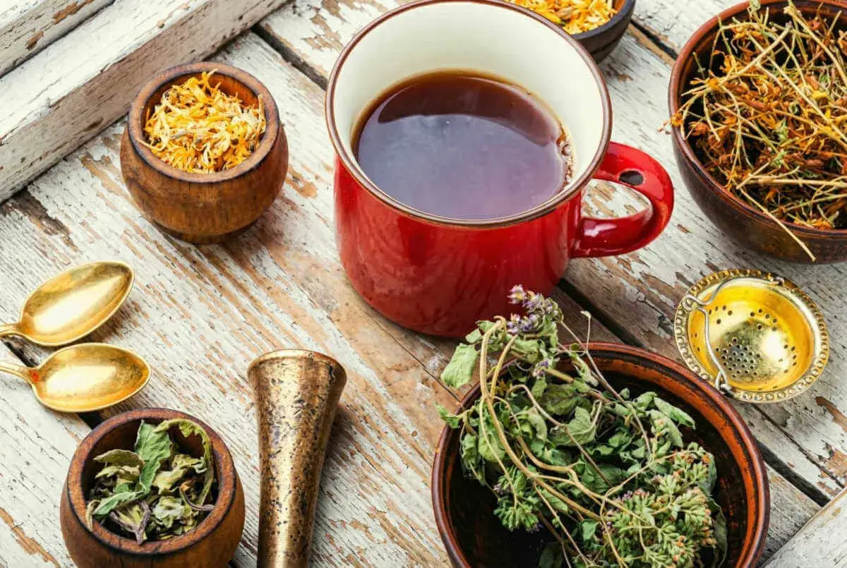 Une tasse de thé rouge entourée d'herbes séchées, de cuillères dorées et d'un pilon. Idéal pour une infusion thym enceinte.