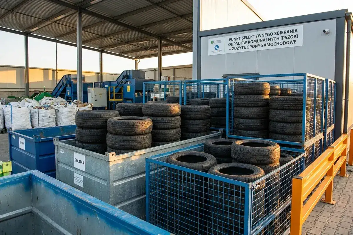 Punkt selektywnej zbi&oacute;rki odpad&oacute;w komunalnych oferuje darmową utylizację opon samochodowych. Stosy opon czekają na recykling.