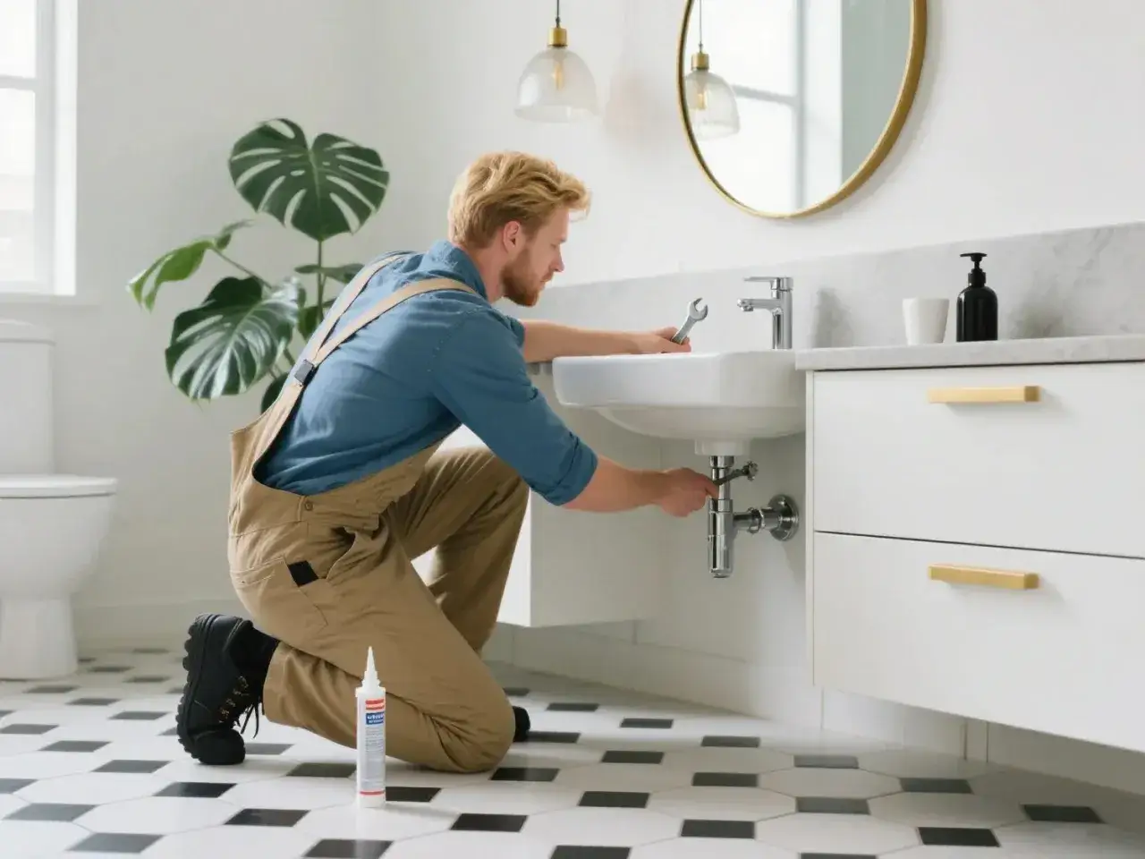 A plumber is installing a new bathroom vanity, carefully connecting the sink's plumbing with a wrench.