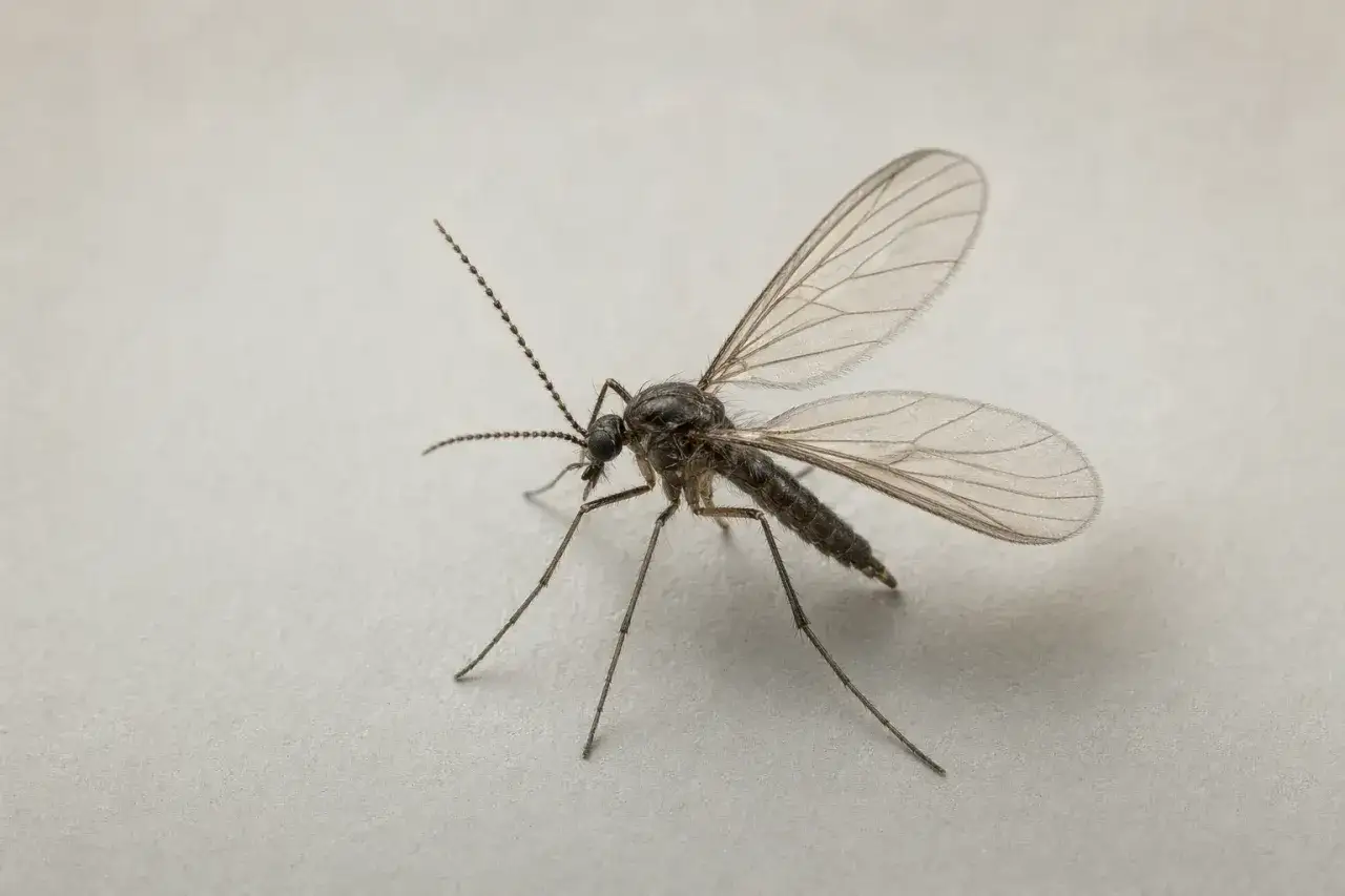 En liten fluga med genomskinliga vingar, en vanlig g&auml;st i blomjord.