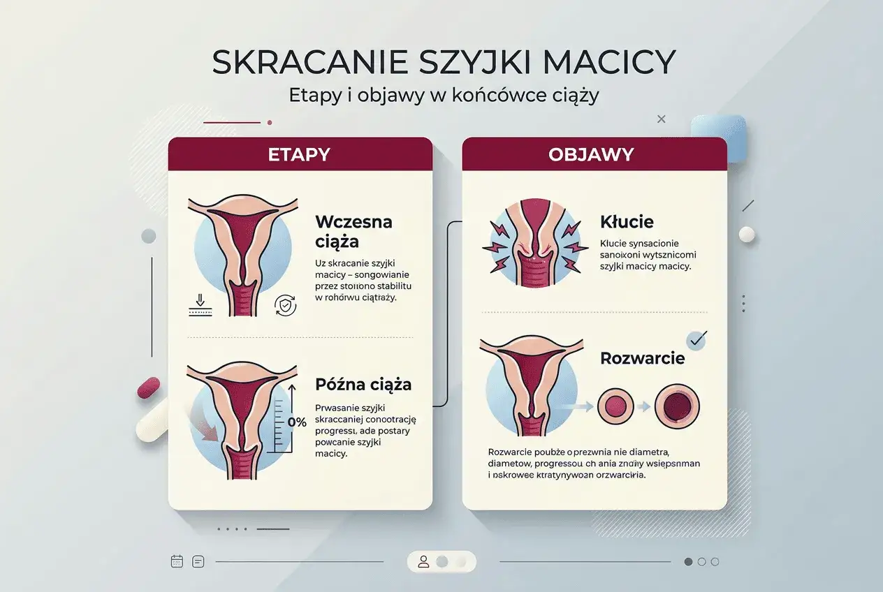 Ilustracja pokazuje szyjkę macicy we wczesnej ciąży, jej skracanie i objawy.