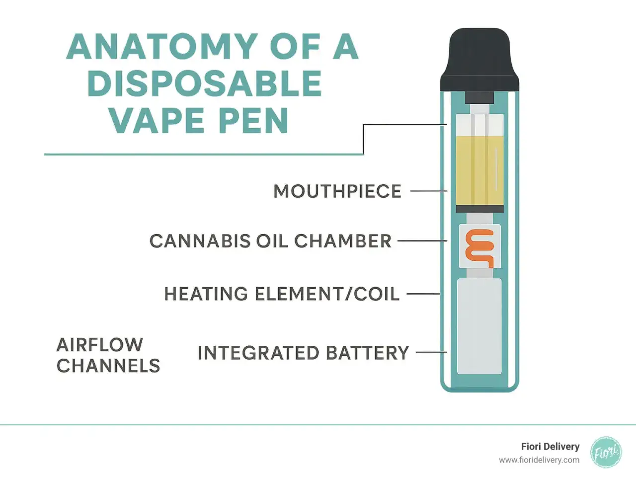 Diagrama de que es un vape desechable, mostrando boquilla, c&aacute;mara de aceite, elemento calefactor y bater&iacute;a.
