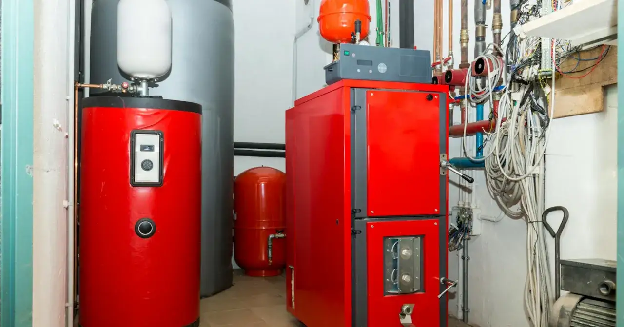 Une chaudi&egrave;re biomasse, c'est quoi ? Cet &eacute;quipement de chauffage central rouge vif, avec ses r&eacute;servoirs et son c&acirc;blage complexe, illustre une solution &eacute;cologique.