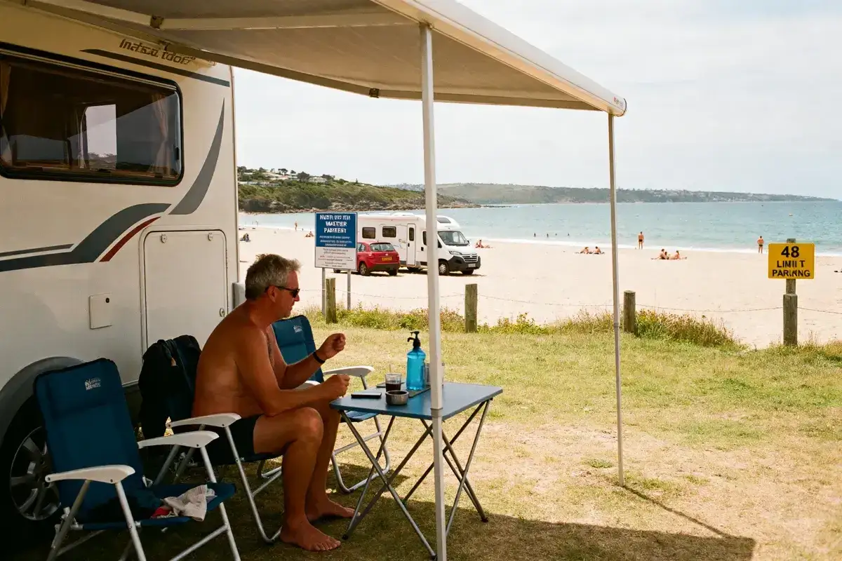 Un homme profite de son camping-car naturiste au bord de la mer, assis à une table sous un auvent, avec la plage et l'océan en arrière-plan.