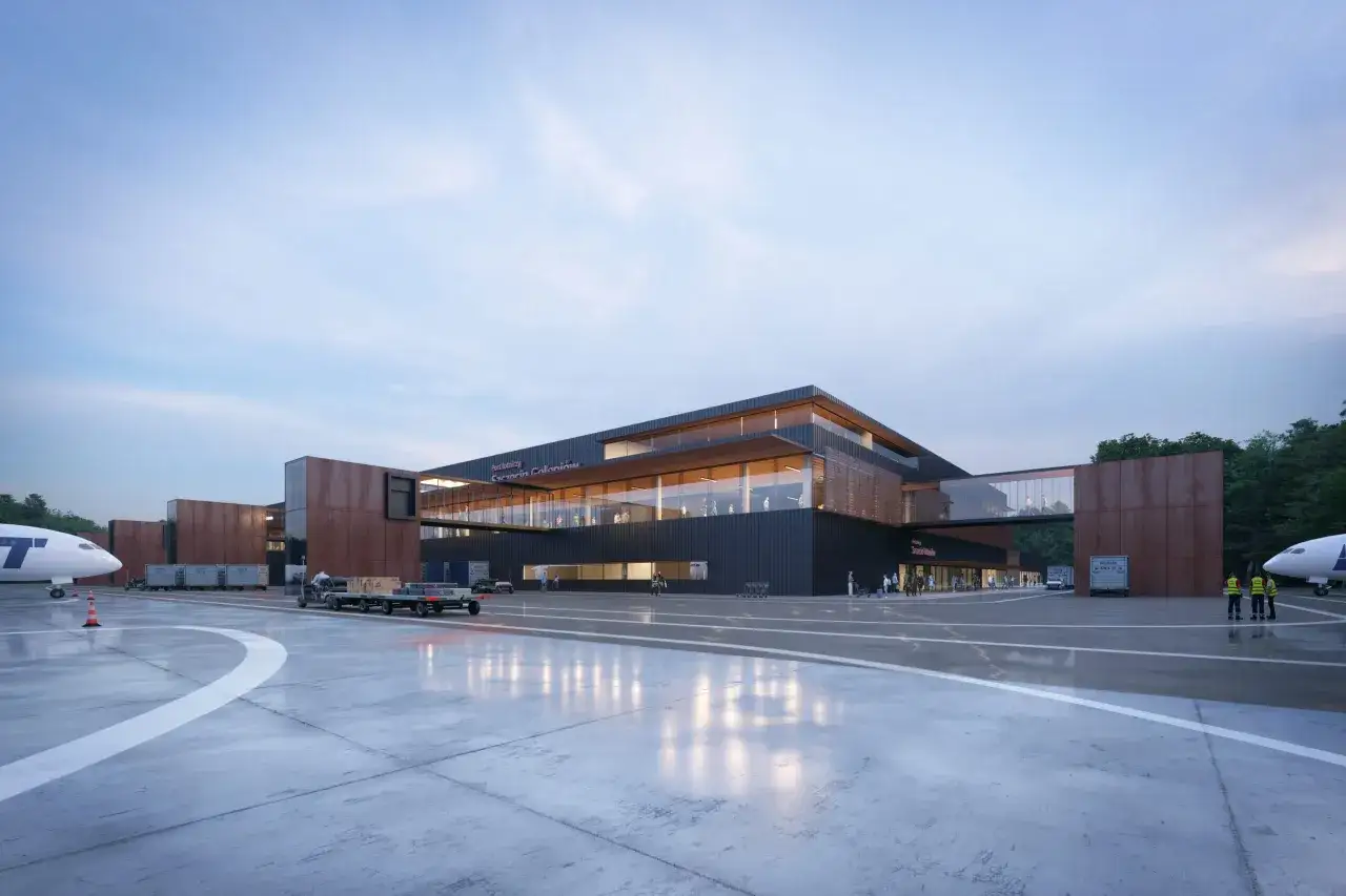 Nowoczesny terminal lotniska Szczecin-Goleniów, z samolotem i obsługą naziemną. Widać ruch pasażerów i bagażu, symbolizujący przyloty i odloty.