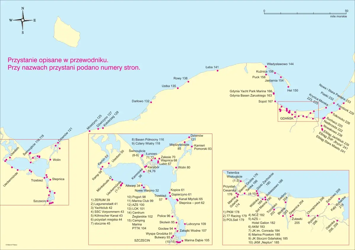 Mapa polskich portów i przystani nad Bałtykiem, idealna do planowania wakacji nad Bałtykiem.