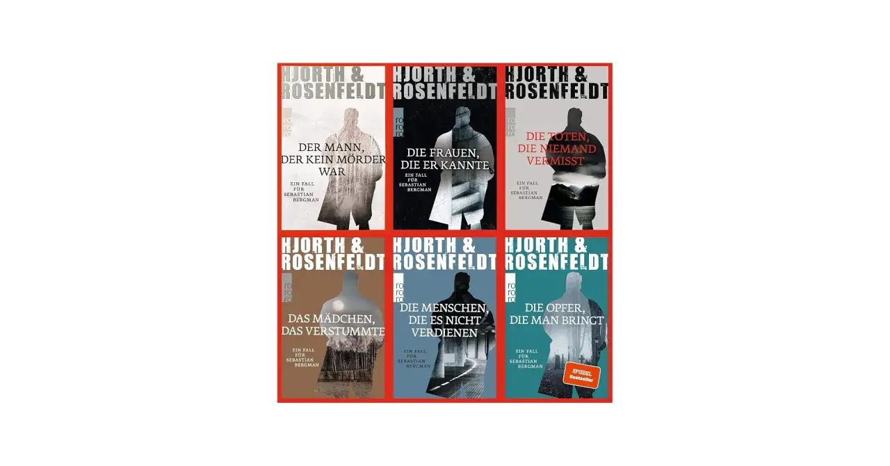 Sechs Buchcover der Reihe Hjorth & Rosenfeldt, die die Reihenfolge der Fälle für Sebastian Bergman zeigen.