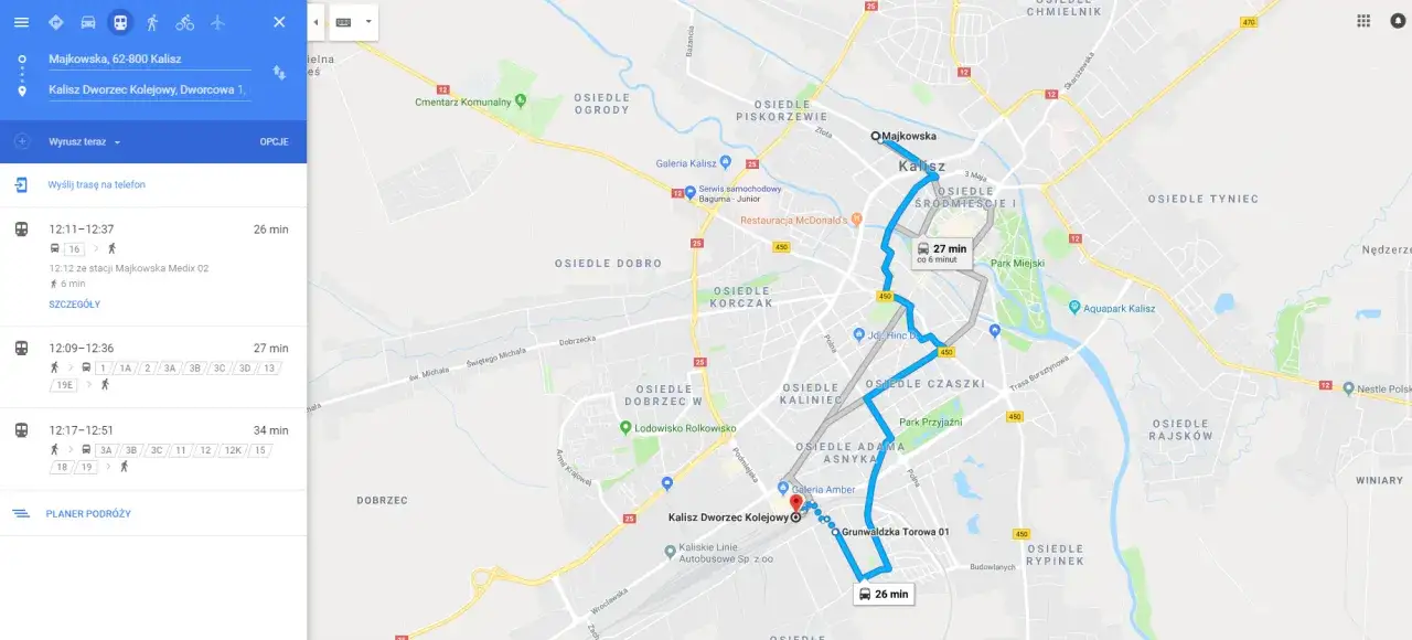 Plan podróży: Majkowska, Kalisz - Dworzec Kolejowy, Kalisz. Rozkład jazdy autobusów Kalisz pokazuje trasy i czasy przejazdu.
