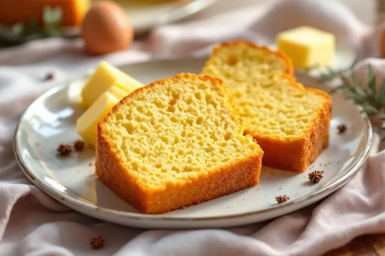 Tranches de quatre-quarts moelleux sur une assiette, accompagnées de beurre. Une recette simple pour un goûter parfait.