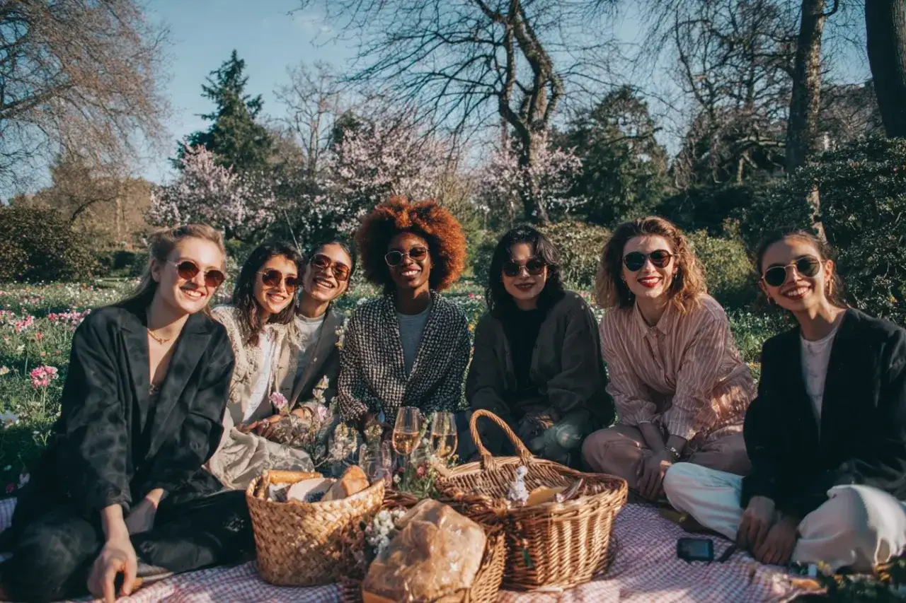 Un groupe de femmes souriantes profite d'un pique-nique en France, entourées de fleurs et d'arbres en fleurs. C'est une belle journée pour un evjf en France.