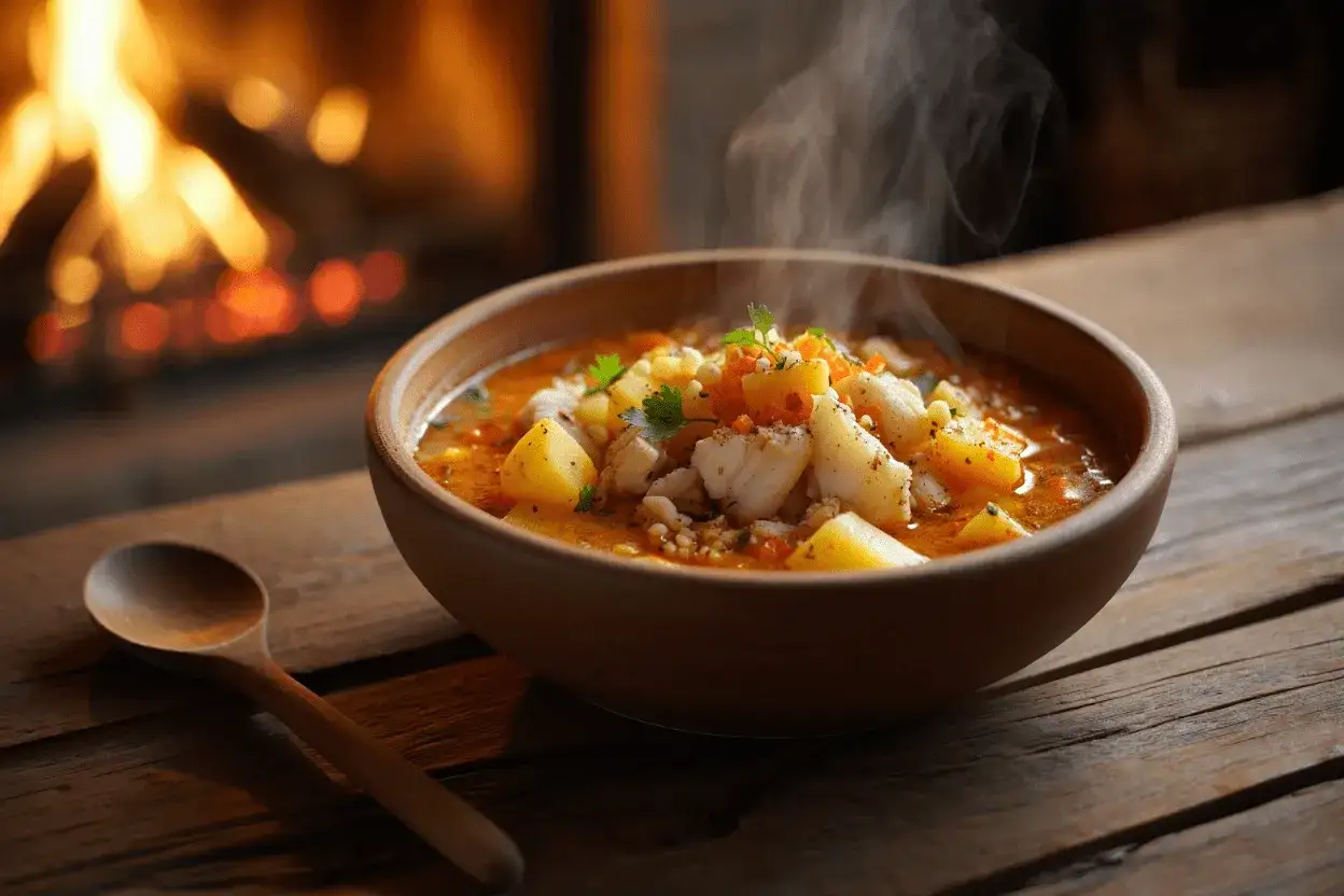 Un reconfortante plato de bacalao al horno con patatas y verduras, humeando junto a una chimenea encendida.