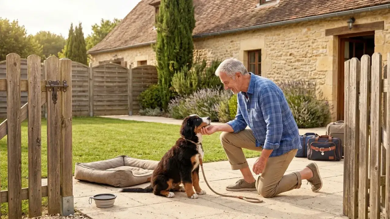 Un homme câline un chiot devant une maison de campagne. Un panier et une gamelle sont prêts pour le gite pour chien.