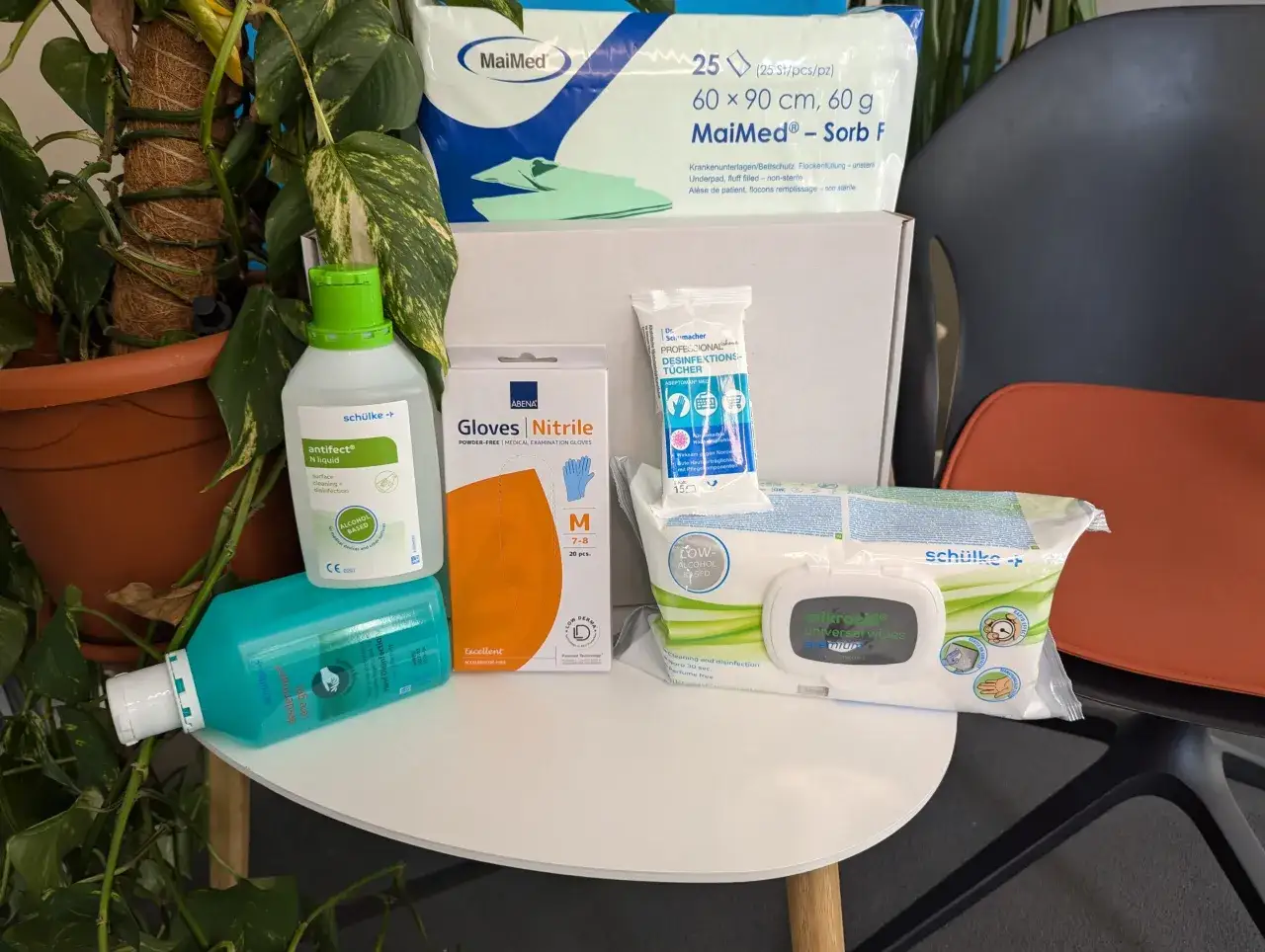 Pflegehilfsmittel wie Desinfektionsmittel, Handschuhe und T&uuml;cher liegen neben einer Pflanze. Darunter sind auch Windeln zu sehen.