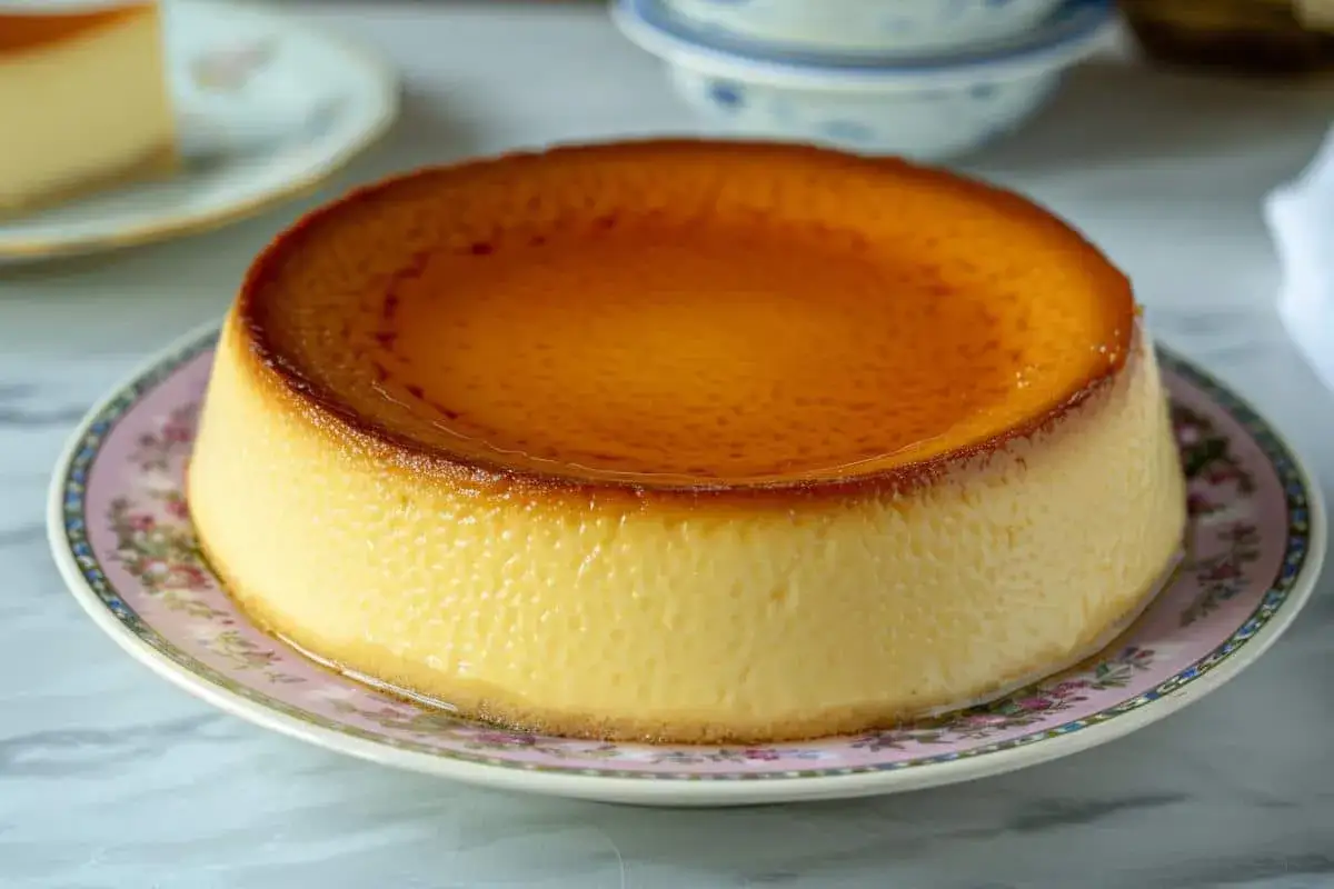 Un d&eacute;licieux flan p&acirc;tissier sans p&acirc;te, avec un caramel dor&eacute; et une texture cr&eacute;meuse, servi sur une assiette fleurie.