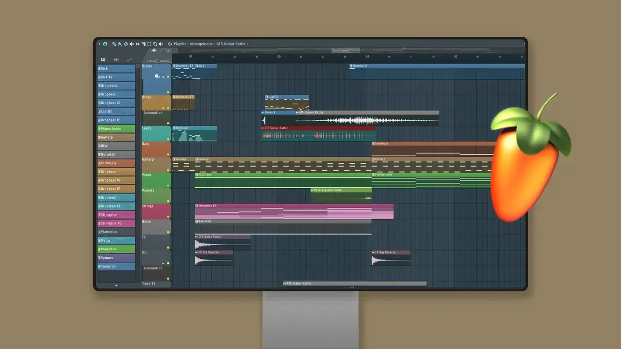 Pantalla de FL Studio mostrando pistas de audio y MIDI, con el logo de la fruta. Ideal para buscar plugins fl studio gratis y crear música.