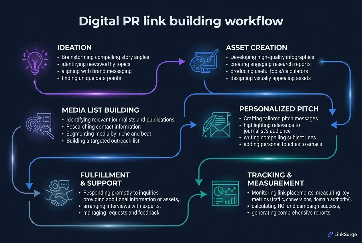 Digital PR link building workflow: Ideenfindung, Asset-Erstellung, Medienlistenaufbau, personalisierte Ansprache, Erf&uuml;llung & Support, Tracking & Messung. Wichtig f&uuml;r SEO.