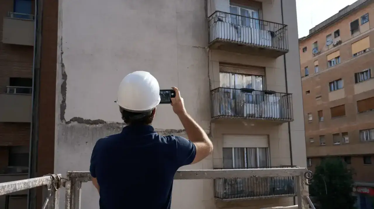 Un inspector con casco blanco toma una foto con su m&oacute;vil de la fachada de un edificio, documentando la **ite** y sus da&ntilde;os.