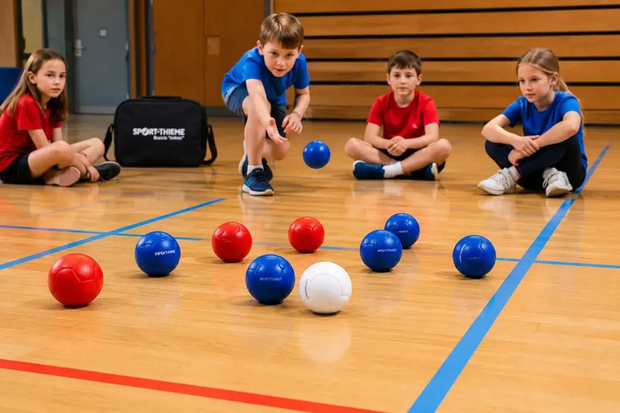 Dzieci grają w boccia na sali gimnastycznej. Na podłodze leżą kolorowe kule, a chłopiec rzuca jedną z nich.