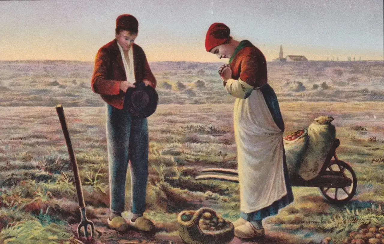 Campesinos rezando al atardecer, con herramientas y cosecha. Refleja las características del realismo en su representación de la vida rural.