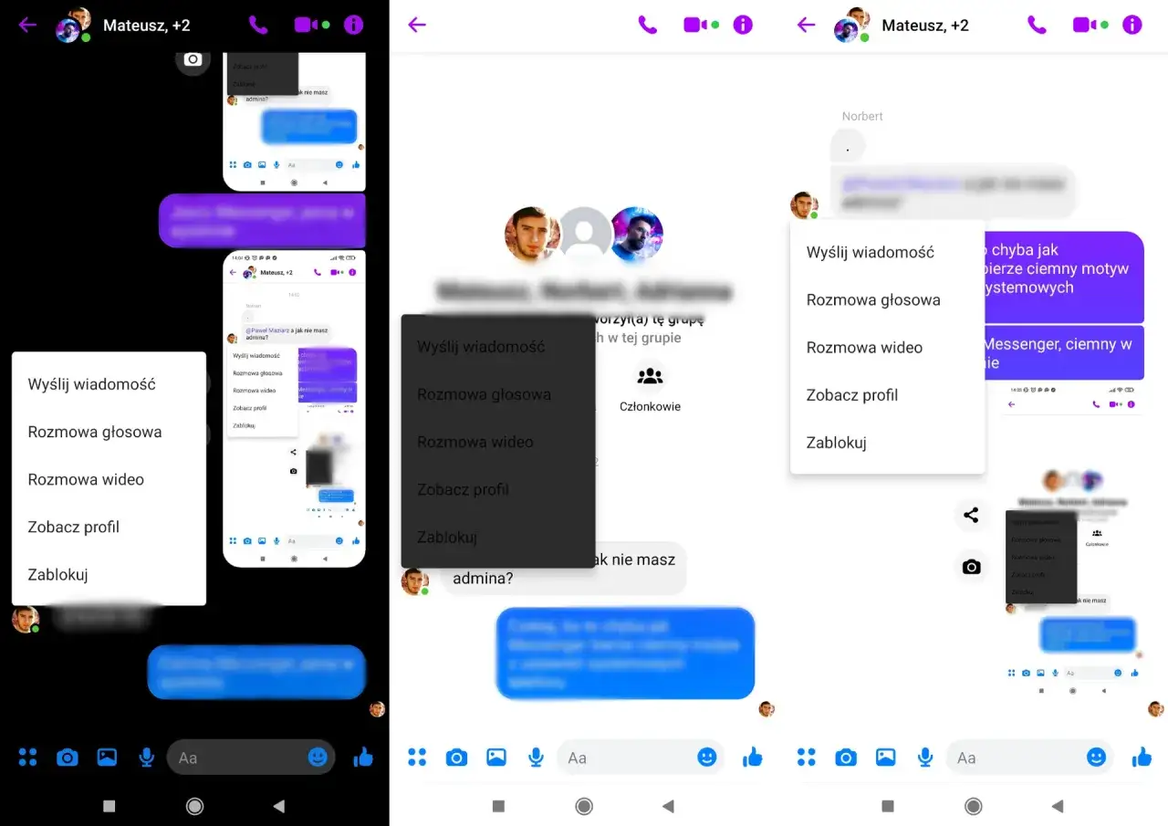 Menu Messengera w telefonie: Wyślij wiadomość, Rozmowa głosowa, Rozmowa wideo, Zobacz profil, Zablokuj.