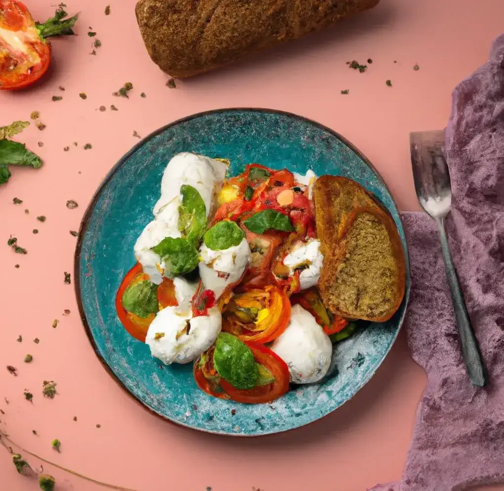 Sałatka Caprese z różnymi sosami, pięknie podana