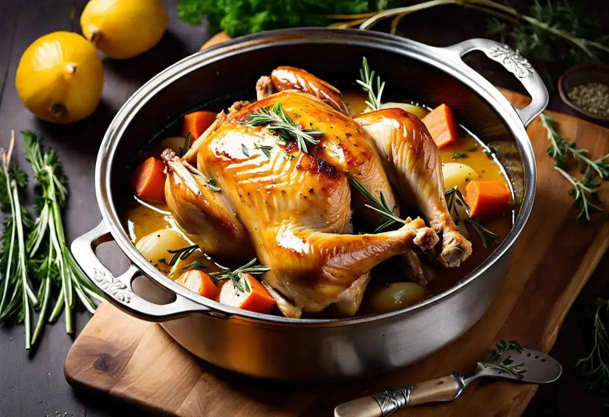 Un app&eacute;tissant poulet brais&eacute; dor&eacute;, entour&eacute; de carottes et de pommes de terre, garni de romarin frais.