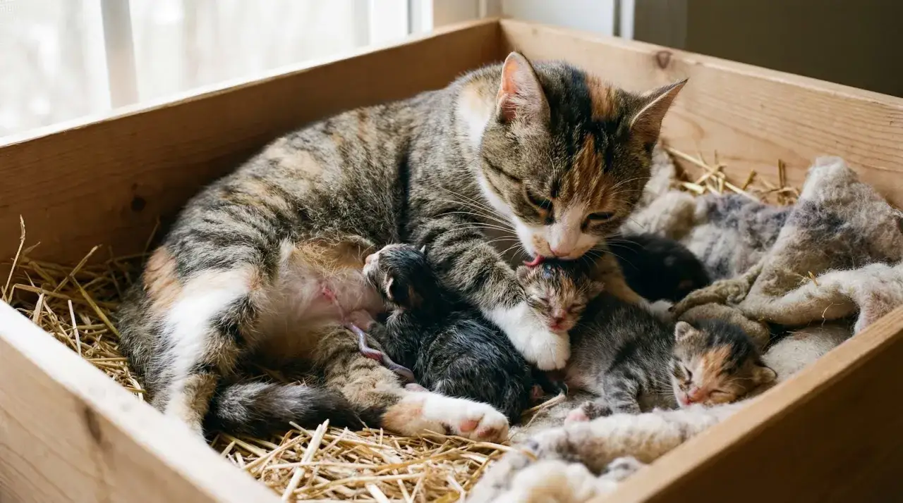 Une maman chat prend soin de ses chatons nouveau-n&eacute;s dans une caisse en bois. C'est sa 1&egrave;re grossesse chat, et elle est tr&egrave;s protectrice.