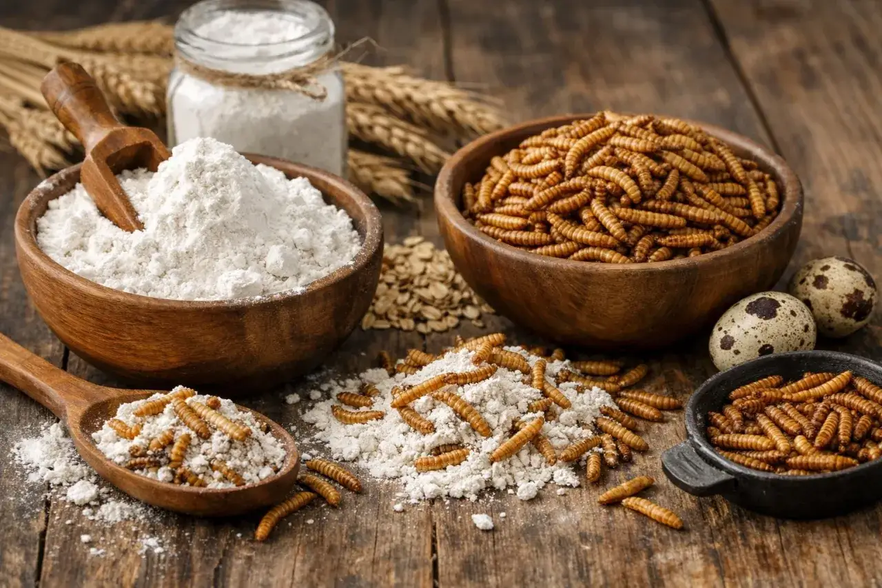 Des vers de farine dans la maison, m&eacute;lang&eacute;s &agrave; de la farine et des &oelig;ufs de caille, pr&ecirc;ts &agrave; &ecirc;tre cuisin&eacute;s.