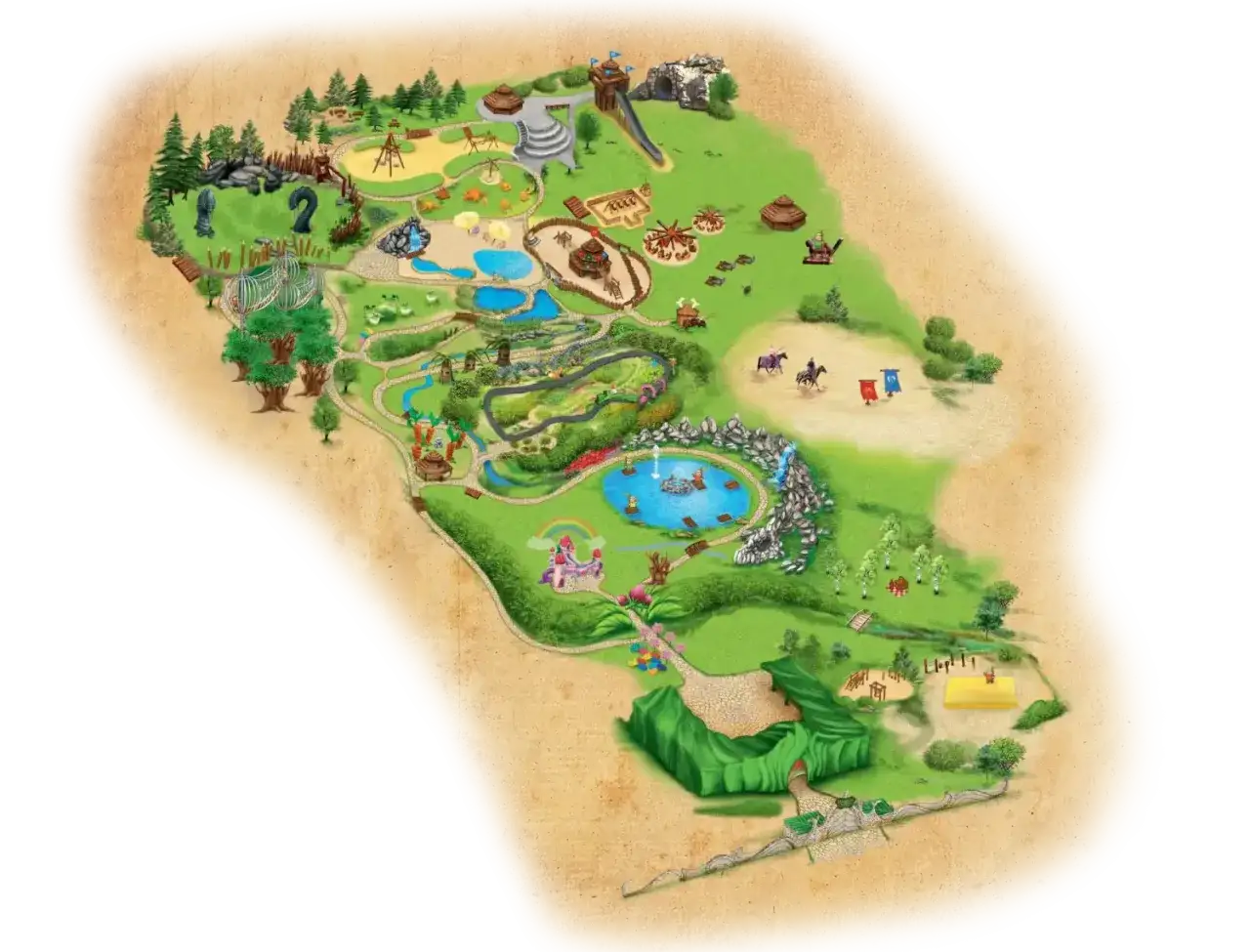 Mapa pokazuje, gdzie są magiczne ogrody: place zabaw, wodospady, stawy, tęcza i jednorożec.