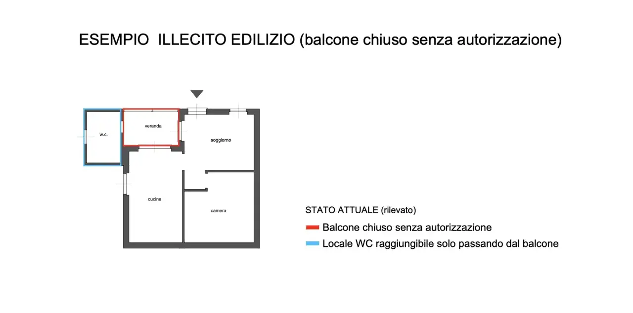 Planimetria che mostra modifiche interne senza autorizzazione: veranda chiusa e WC accessibile solo dal balcone.