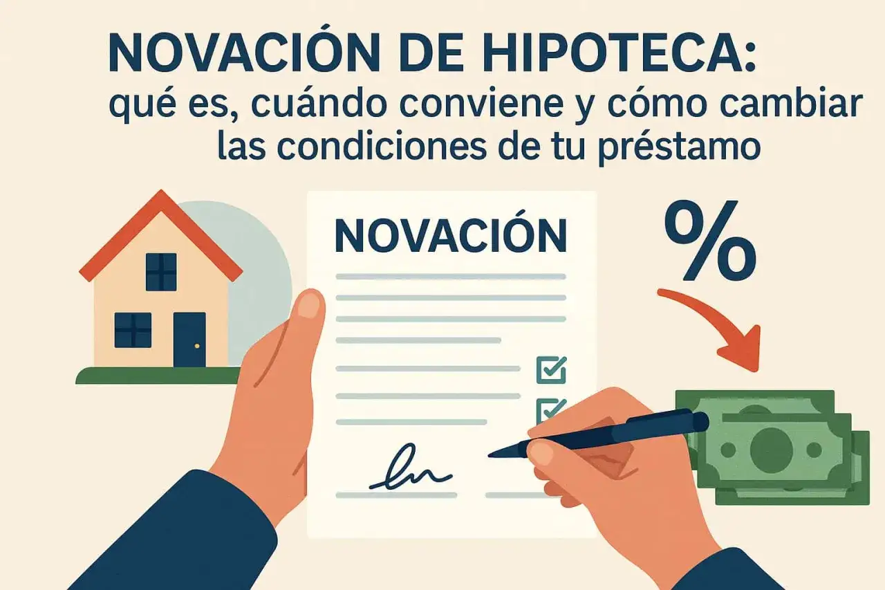 Manos firman documento de novaci&oacute;n hipotecaria, con casa, dinero y s&iacute;mbolo de porcentaje. Averigua cuanto cuesta una novaci&oacute;n de hipoteca.