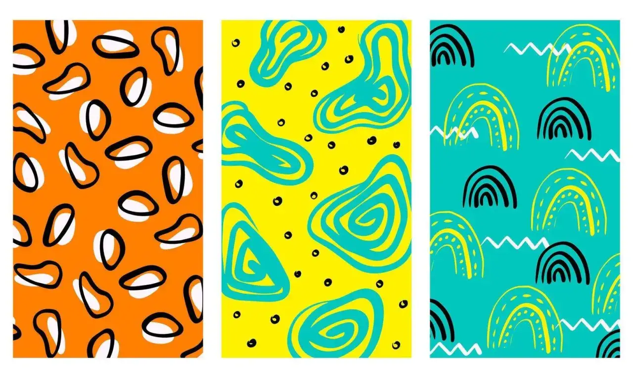 Three panels with a retro aesthetic: orange with abstract shapes, yellow with swirling lines, and teal with rainbows.