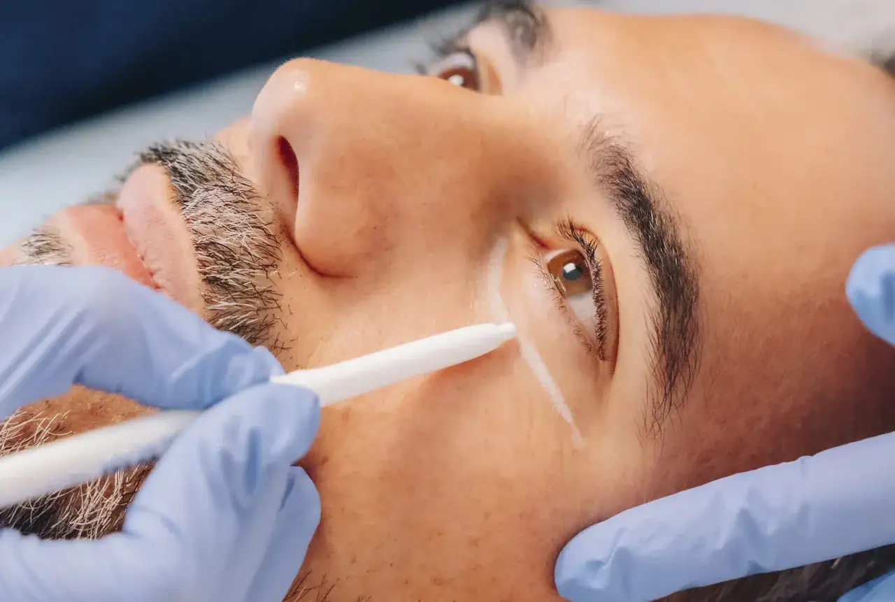 Man con ojeras vasculares recibe tratamiento. Un profesional con guantes azules aplica una marca blanca en la zona debajo del ojo.