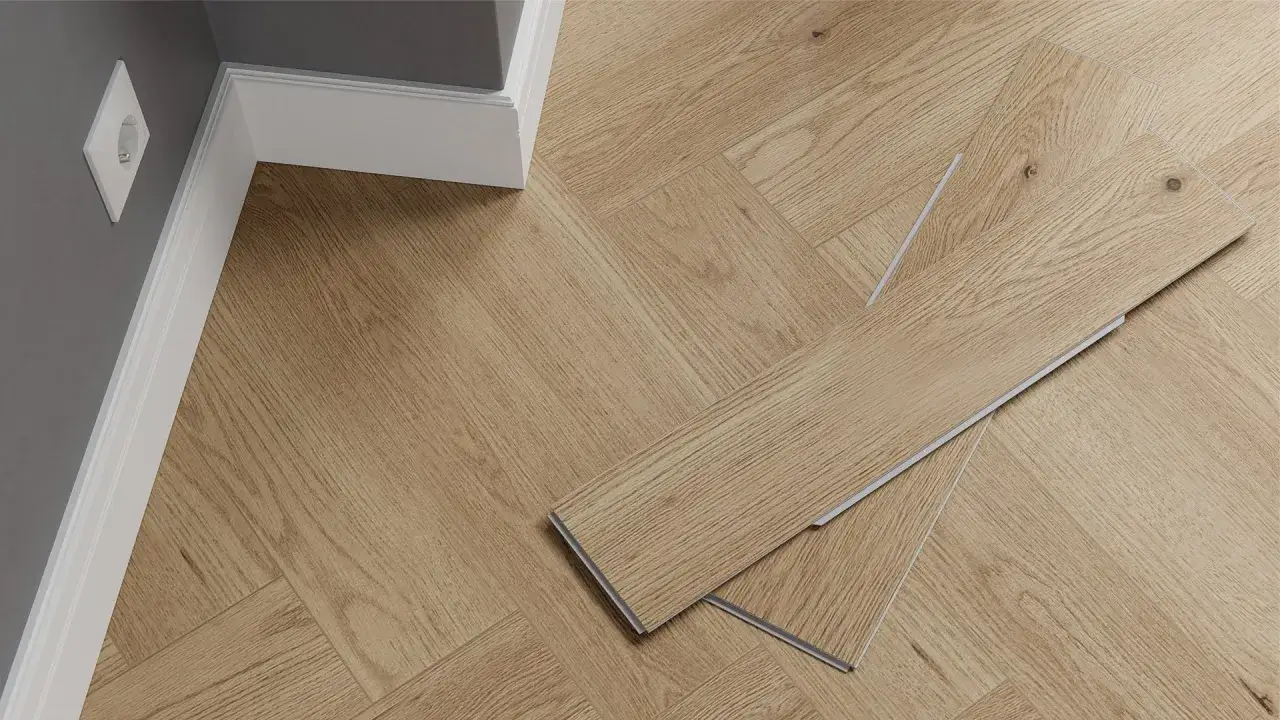 Drewnopodobne panele laminowane lub winylowe ułożone we wzór jodełki, gotowe do montażu.