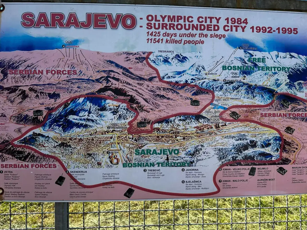 Karte von Sarajevo, die die Belagerung 1992-1995 und die Olympischen Spiele 1984 zeigt. Die Altstadt von Sarajevo ist umgeben von serbischen Truppen.