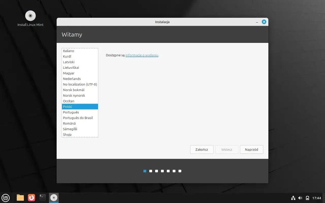 Instalacja Linux Mint po polsku. Wybrano język Polski na ekranie powitalnym instalatora.
