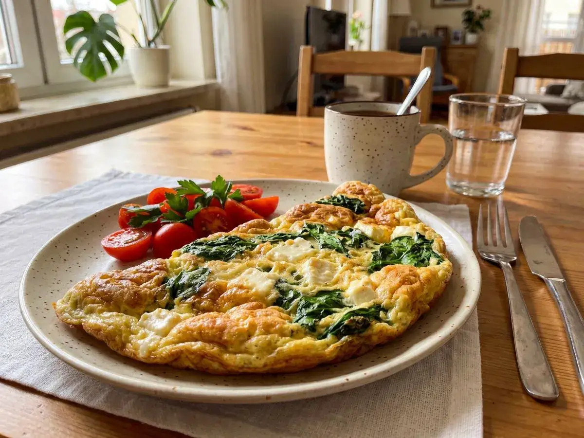 Pyszny omlet ze szpinakiem i fetą, podany z pomidorkami koktajlowymi. Idealne śniadanie na dobry początek dnia.