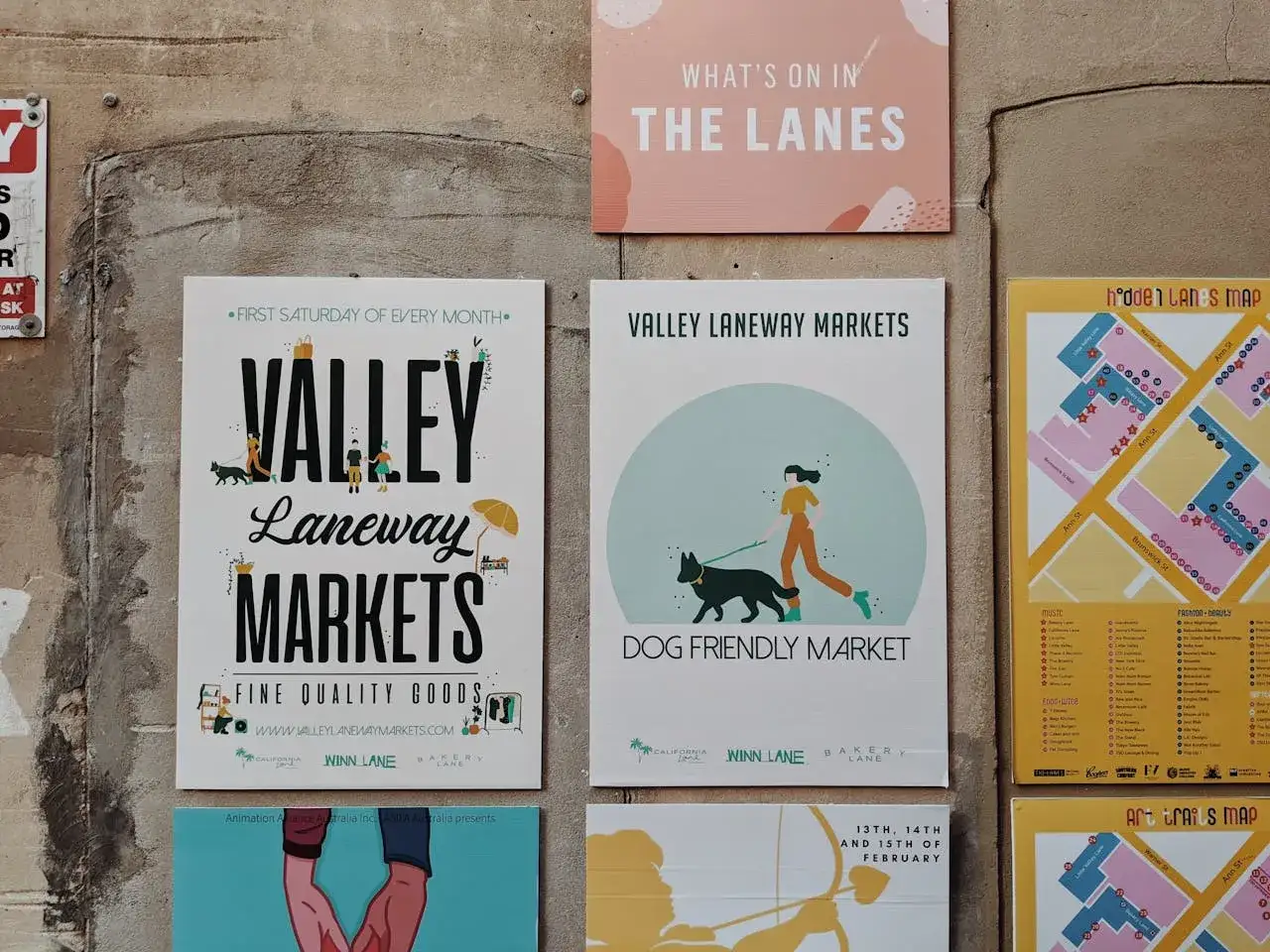 Plakaty do wydruku informują o Valley Laneway Markets, wydarzeniu przyjaznym psom i oferującym dobrej jakości towary.