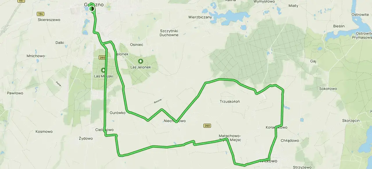 Trasa rowerowa wokół jezior i lasów, prowadząca przez wsie takie jak Gniezno, Las Jelonek i Trzuskołoń. Ciekawa ruta czarna dla miłośników aktywnego wypoczynku.