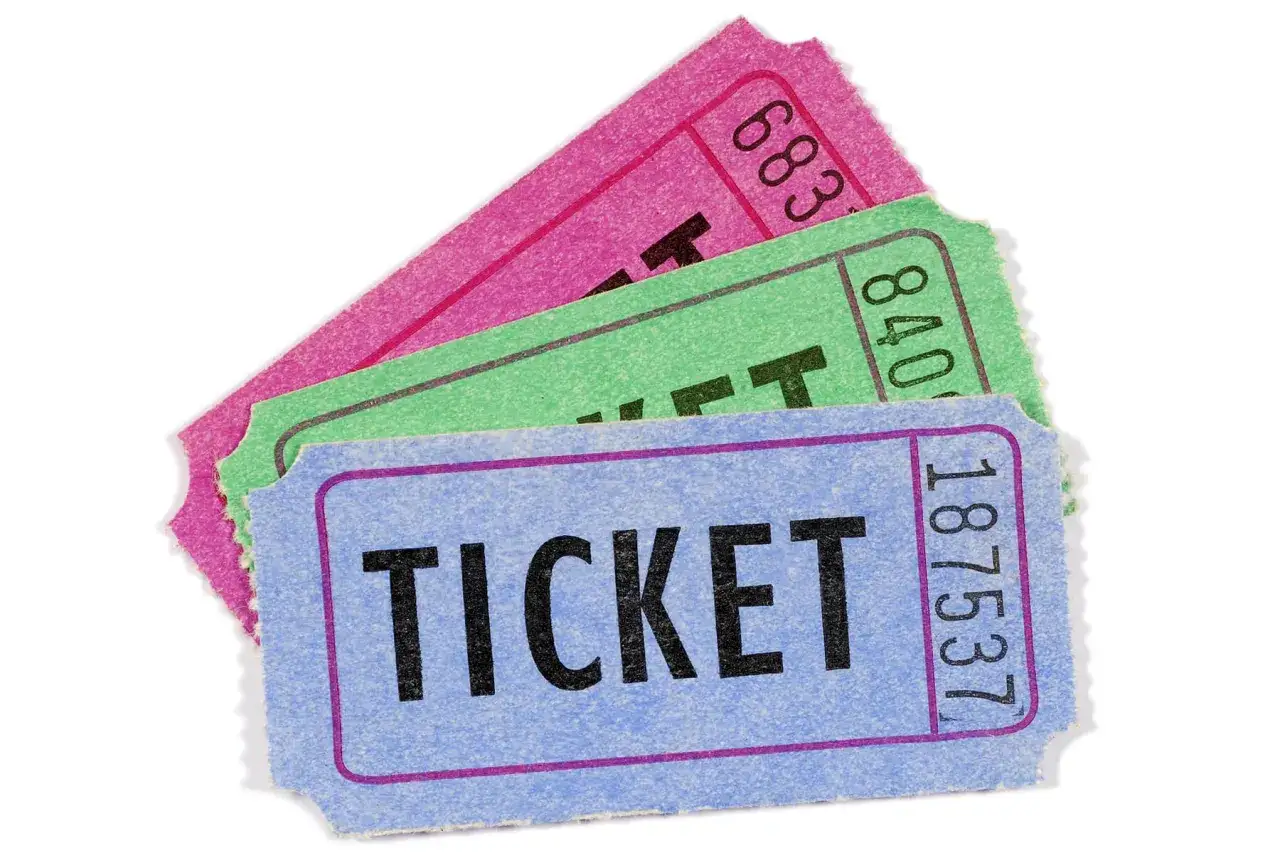 Three colorful raffle tickets, blue, green, and pink, are fanned out. The blue ticket reads 