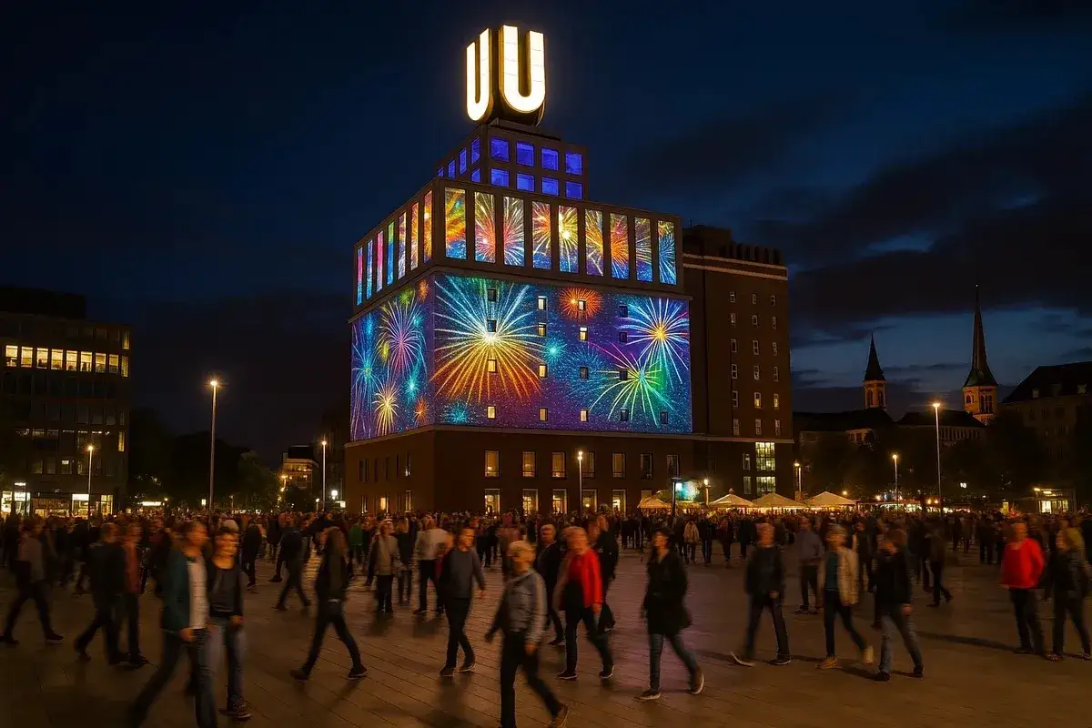 Feuerwerk-Projektion auf einem Geb&auml;ude w&auml;hrend der Nacht der Museen Dortmund. Menschenmassen beleben den Platz.