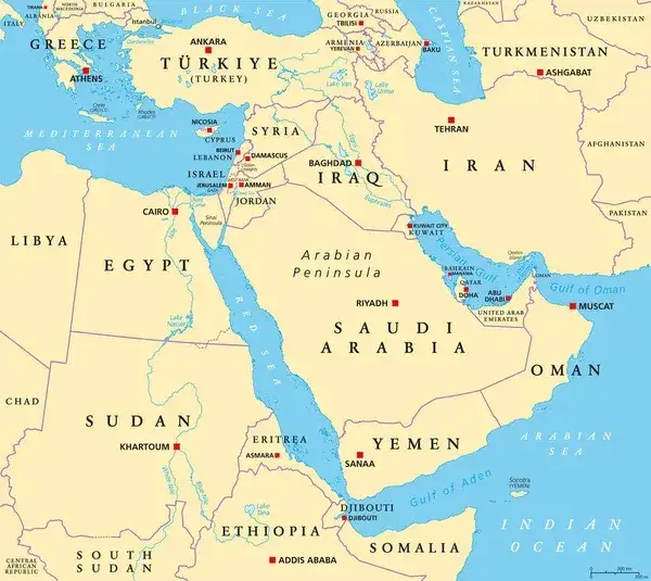Mapa polityczna Kataru i P&oacute;łwyspu Arabskiego