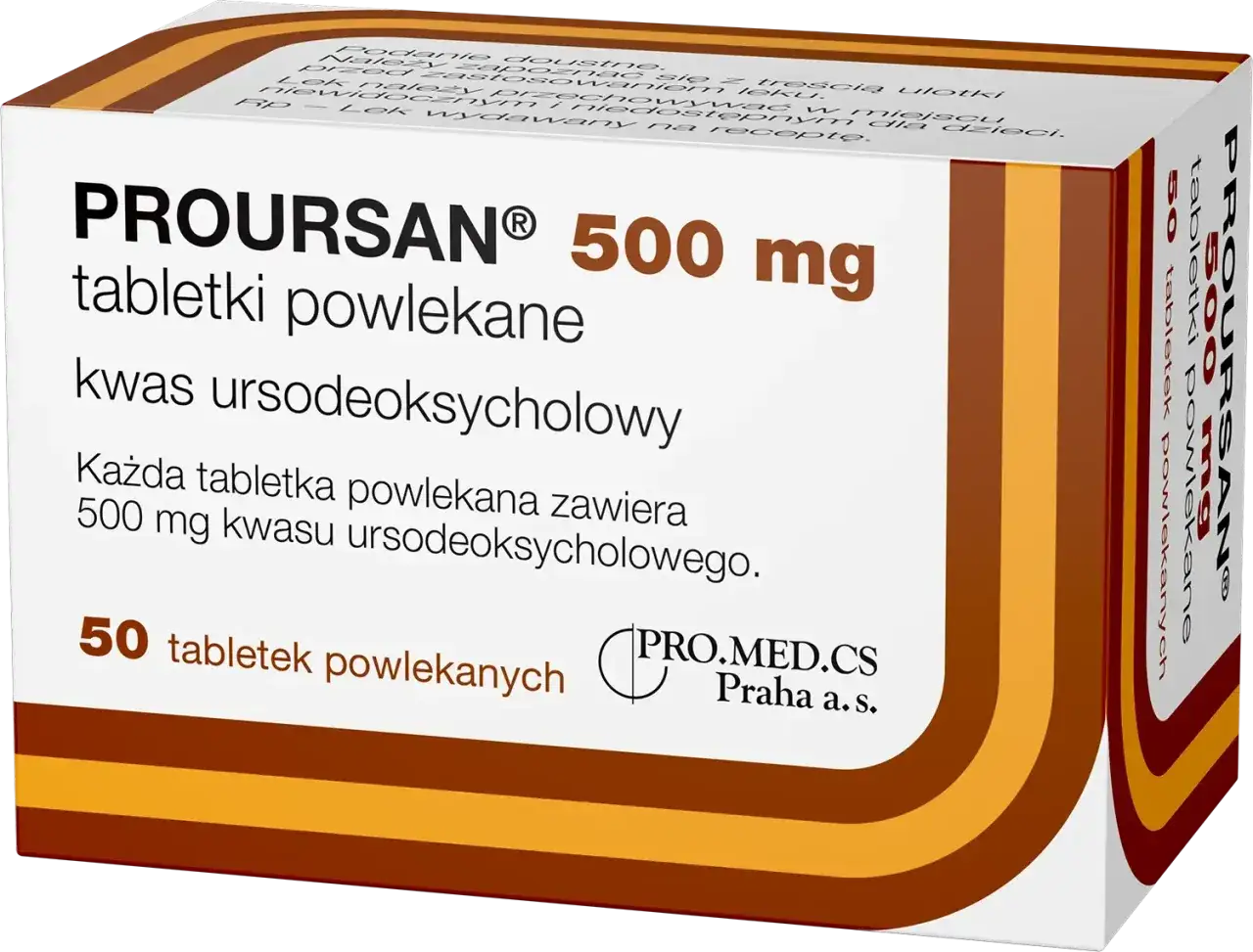 Pudełko leku PRURSAN 500 mg, zawierające 50 tabletek powlekanych. Stosować proursan przed czy po jedzeniu, zgodnie z ulotką.